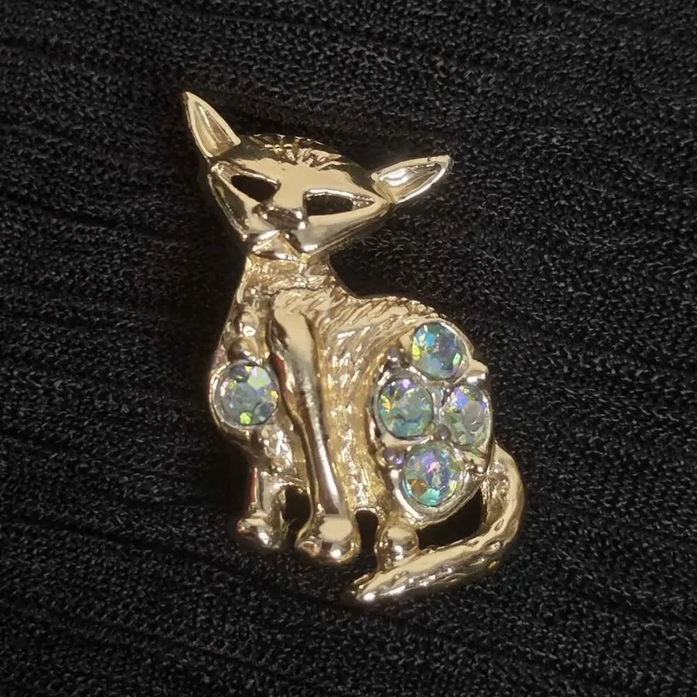 Vintage Cat Brooch Gold Tone  Rhinestone Kitty Pin Kitsch Jewelry